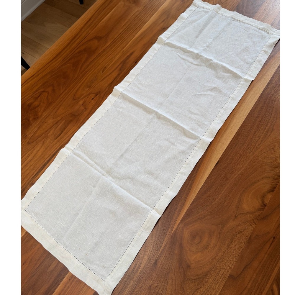 White Linen Table Runner 39"x14" Cream Hemstitch Farmhouse Minimalist Decor